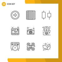 9 iconos creativos, signos y símbolos modernos de fotografía, música, sitio web, error, elementos de diseño vectorial editables vector