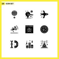 Set of 9 Vector Solid Glyphs on Grid for develop browser airplane app security Editable Vector Design Elements