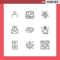 Mobile Interface Outline Set of 9 Pictograms of celebration video player screen sms mail Editable Vector Design Elements