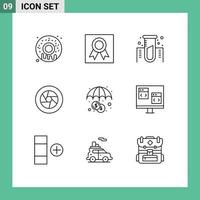 User Interface Pack of 9 Basic Outlines of insurance photo experiment movie film Editable Vector Design Elements