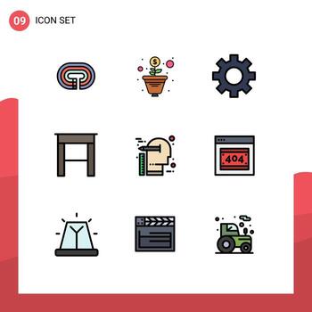 Group of 9 Filledline Flat Colors Signs and Symbols for mind thinking settings idea table Editable Vector Design Elements