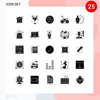 grupo de 25 signos y símbolos de glifos sólidos para la gestión de semillas de reloj, transporte de bicicletas, elementos de diseño de vectores editables