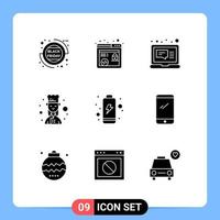 Editable Vector Line Pack of 9 Simple Solid Glyphs of electric battery computer female cook cook Editable Vector Design Elements