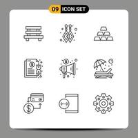 Modern Set of 9 Outlines and symbols such as marketing payment gold notification hold Editable Vector Design Elements