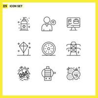 Mobile Interface Outline Set of 9 Pictograms of bakery play computer kite child Editable Vector Design Elements