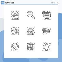 9 Creative Icons Modern Signs and Symbols of celebration process profile gear brain Editable Vector Design Elements