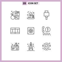 Group of 9 Outlines Signs and Symbols for mechanical tennis loan sport usb Editable Vector Design Elements
