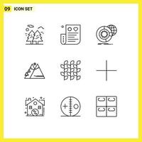 Pack of 9 Modern Outlines Signs and Symbols for Web Print Media such as outdoor mountains expense services analysis Editable Vector Design Elements