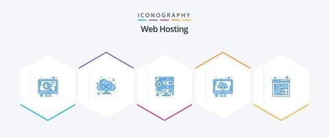 paquete de 25 íconos azules de alojamiento web que incluye . mostrar el contenido de la página. servidor. subir. computadora vector