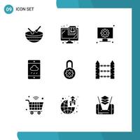 Solid Glyph Pack of 9 Universal Symbols of lock rain computer weather smartphone Editable Vector Design Elements