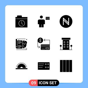 paquete de interfaz de usuario de 9 glifos sólidos básicos de elementos de diseño vectorial editables del cerebro de aprendizaje de blockchain de tarjetas sin efectivo vector