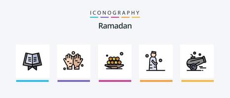 la línea de ramadán llenó el paquete de 5 íconos, incluida la media luna. religión. Fruta . ramadán taza. diseño de iconos creativos vector