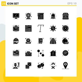 conjunto de pictogramas de 25 glifos sólidos simples de campana de juego de sonido de tienda qa elementos de diseño vectorial editables vector