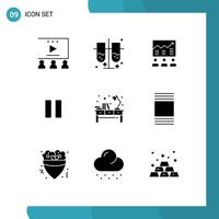 Set of 9 Vector Solid Glyphs on Grid for pause control team success efforts Editable Vector Design Elements