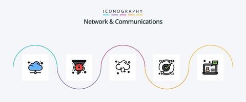 la línea de red y comunicaciones llenó el paquete de iconos planos 5 que incluye la recarga. informe. actuación. está bien. flecha vector