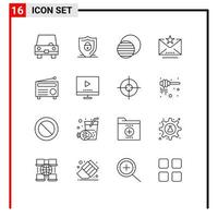 grupo de símbolos de iconos universales de 16 contornos modernos de elementos de diseño de vectores editables sol favoritos de seguridad de marca de radio