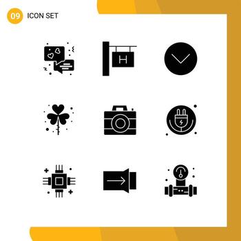 User Interface Pack of 9 Basic Solid Glyphs of digital camera media player shamrock patrick Editable Vector Design Elements
