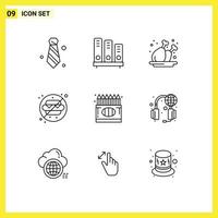 Universal Icon Symbols Group of 9 Modern Outlines of back to school water shelves no plate Editable Vector Design Elements