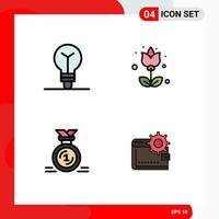 4 Universal Filledline Flat Color Signs Symbols of bulb first flower flower reward Editable Vector Design Elements