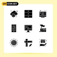 9 Thematic Vector Solid Glyphs and Editable Symbols of computer player screen music communications Editable Vector Design Elements