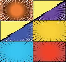 Comic book colorful frames background with halftone rays radial and dotted effects pop art style vector