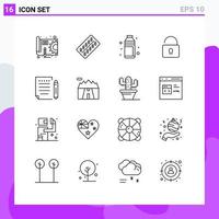 Group of 16 Outlines Signs and Symbols for security unlock packet vacation shotglass Editable Vector Design Elements