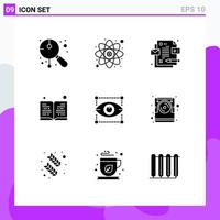 Mobile Interface Solid Glyph Set of 9 Pictograms of designing creativity study read book Editable Vector Design Elements