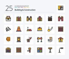 paquete de iconos llenos de 25 líneas de construcción y construcción, incluida la construcción. edificios edificio. herramientas. caja vector