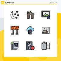 Modern Set of 9 Filledline Flat Colors Pictograph of server microchip construction cloud block Editable Vector Design Elements