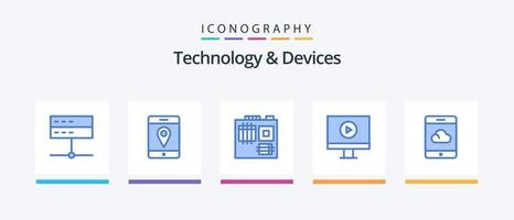 Paquete de 5 iconos azules de dispositivos que incluye . nube. computadora. respaldo. jugador. diseño de iconos creativos vector