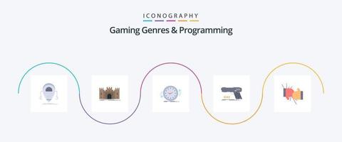 géneros de juego y paquete de iconos planos de programación 5 que incluye pistola. pistola. fortaleza. hora. agujas del reloj vector