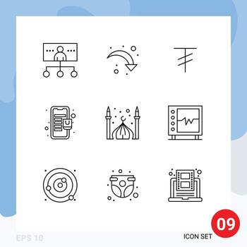 9 User Interface Outline Pack of modern Signs and Symbols of masjid online store down mobile bag Editable Vector Design Elements