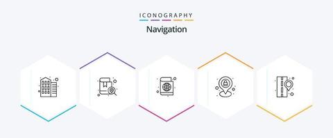 paquete de iconos de navegación de 25 líneas que incluye pin de mapa. la carretera. libreta de pasaporte localización. cerrar vector