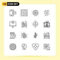 Group of 16 Modern Outlines Set for gadget computers planet add light Editable Vector Design Elements