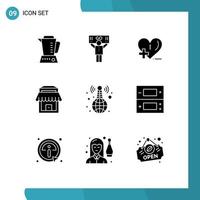 Pictogram Set of 9 Simple Solid Glyphs of live world wide love shop building Editable Vector Design Elements