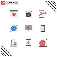 Mobile Interface Flat Color Set of 9 Pictograms of like map fitness world seo Editable Vector Design Elements