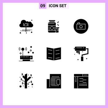 Set of 9 Commercial Solid Glyphs pack for bookmark network camera internet connection Editable Vector Design Elements