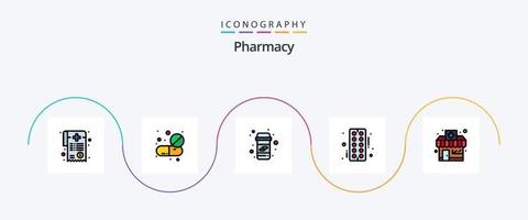 la línea de farmacia llenó el paquete de iconos planos 5 que incluye la tienda de farmacia. banda. tableta. farmacia. pastillas vector