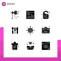 Universal Icon Symbols Group of 9 Modern Solid Glyphs of service cutlery graph door tag heart Editable Vector Design Elements