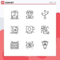 Mobile Interface Outline Set of 9 Pictograms of search cup connection coffee plant Editable Vector Design Elements