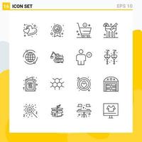 Pack of 16 Modern Outlines Signs and Symbols for Web Print Media such as crane marketing commerce world drink Editable Vector Design Elements