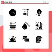 9 Thematic Vector Solid Glyphs and Editable Symbols of bleeding tub bulb spa bath Editable Vector Design Elements