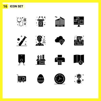 paquete de 16 signos y símbolos de glifos sólidos modernos para medios de impresión web, como el desarrollo de desarrollo de béisbol, desarrollo de codificación de elementos de diseño de vectores editables