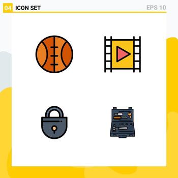 Editable Vector Line Pack of 4 Simple Filledline Flat Colors of baseball locked media player stream tools Editable Vector Design Elements