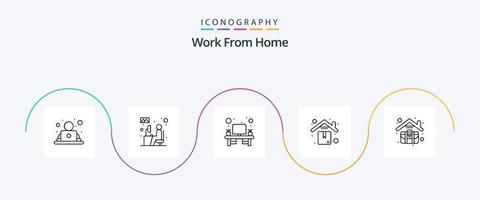 trabajar desde el paquete de iconos de la línea 5 de casa que incluye maletín. Envío. laboral. casa. mesa vector