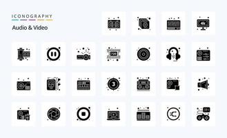 paquete de 25 iconos de glifos sólidos de audio y video vector