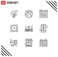 Universal Icon Symbols Group of 9 Modern Outlines of wall clock time keeper internet time alert Editable Vector Design Elements