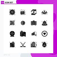 Mobile Interface Solid Glyph Set of 16 Pictograms of leader employee camping career love Editable Vector Design Elements