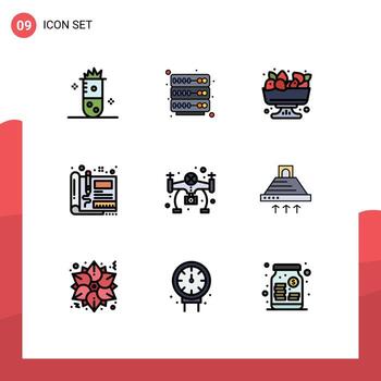 Set of 9 Vector Filledline Flat Colors on Grid for hobbies sketch berry engineering blueprint Editable Vector Design Elements