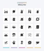 Paquete de iconos negros sólidos de 25 glifos de guerra militar creativa, como insignia. guerra. comunicación. cohete. misiles vector